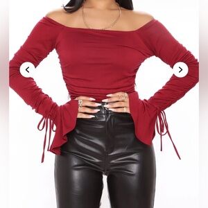 Fashion Nova Red Bell Sleeve Ruched Blouse
